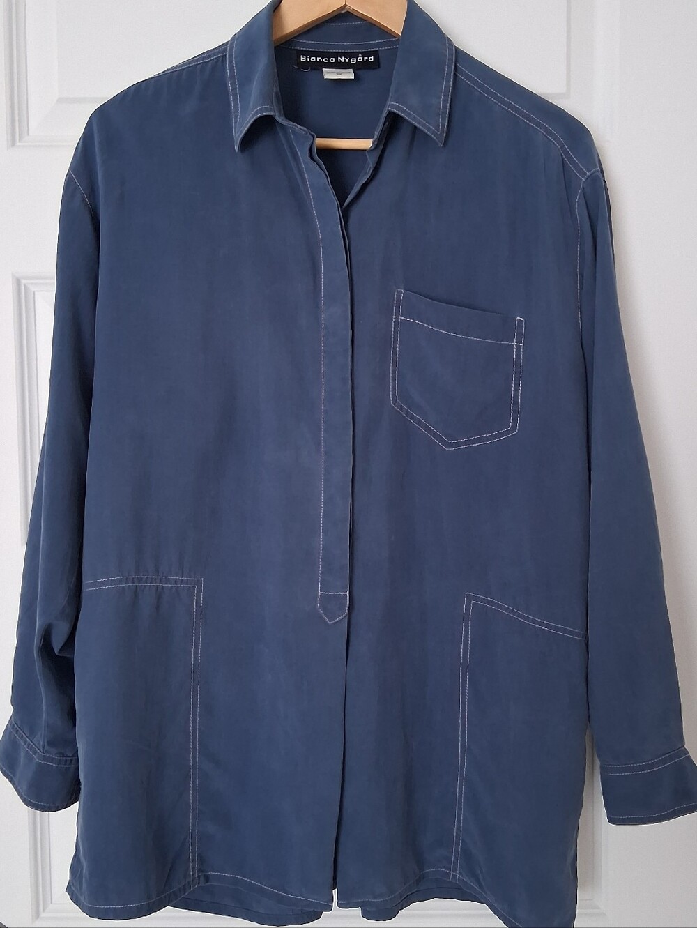 100% Silk Blue Shirt Shacket Vintage Bianca Nygard GUC Size 10 LARGE